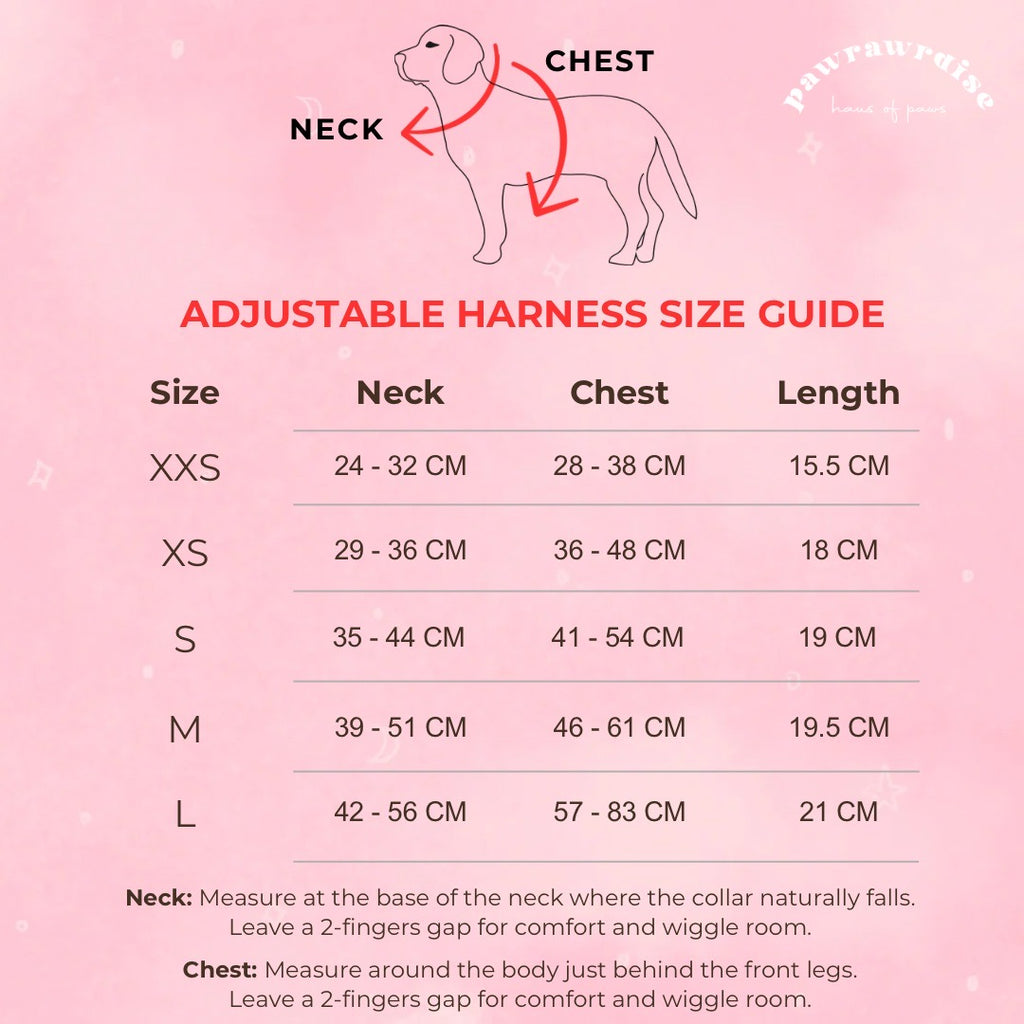 pink adjustable harness size guide 