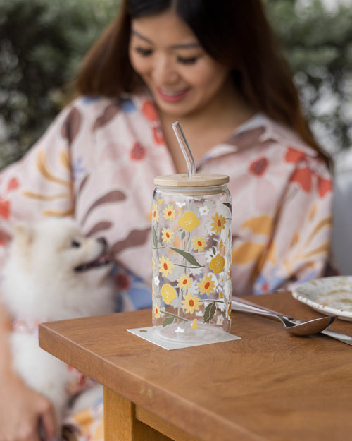 Yellow Flora 16oz (470ml) Glass Cup