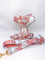A pink and white floral patterned pet harness with a matching leash, featuring a four-point locking buckle, D-ring at the front and back, and a padded neoprene handle