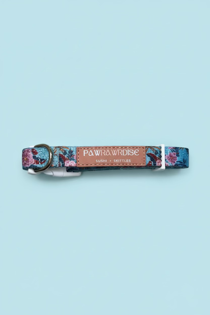 Laguna tropical dog collar with floral pattern and brown leather patch on a light blue background