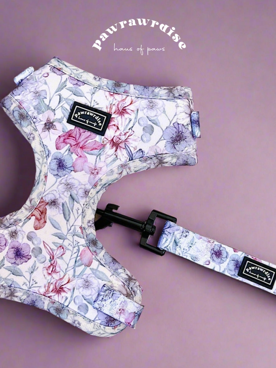 Whimsical purple floral adjustable harness  with leash