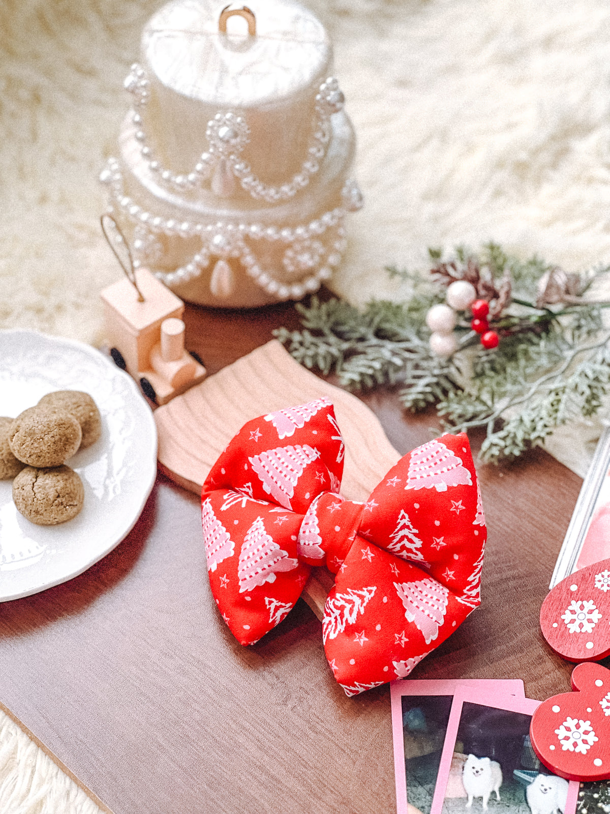 Christmas Trees Pillow Bow – handmade pillow bow for pets in a signature print
