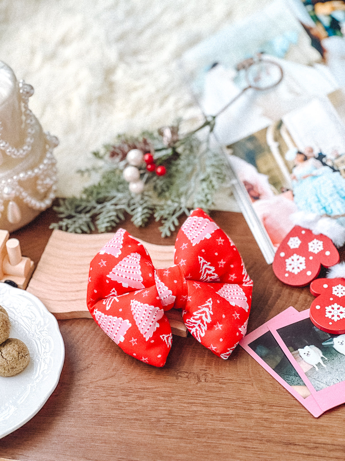 Christmas Trees Pillow Bow – handmade pillow bow for pets in a signature print