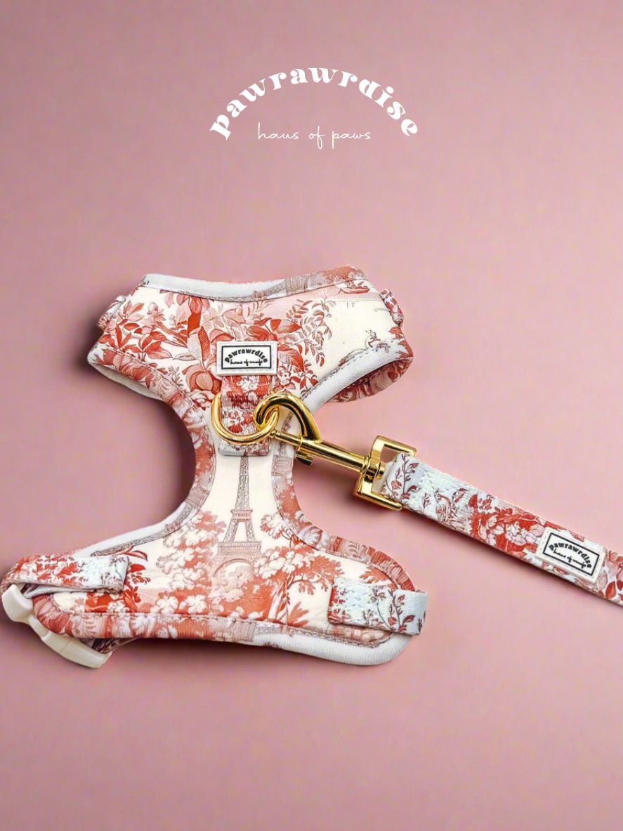 City of Love adjustable dog and cat harness with red Eiffel Tower and floral pattern
