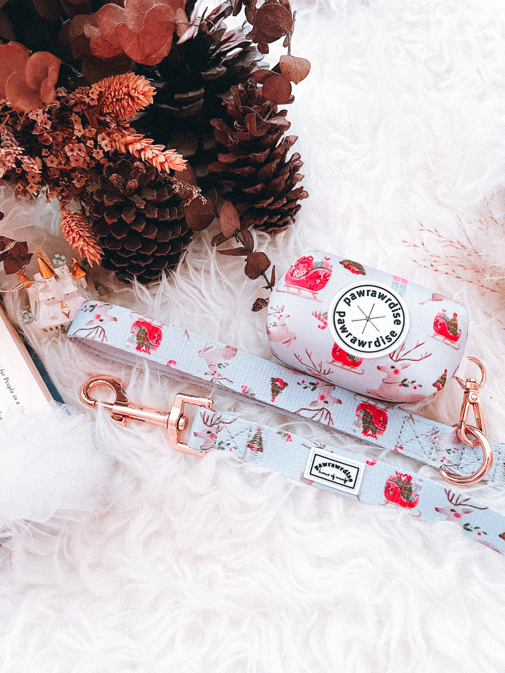 Dreamy Winter pet waste bag holder accessory with leash