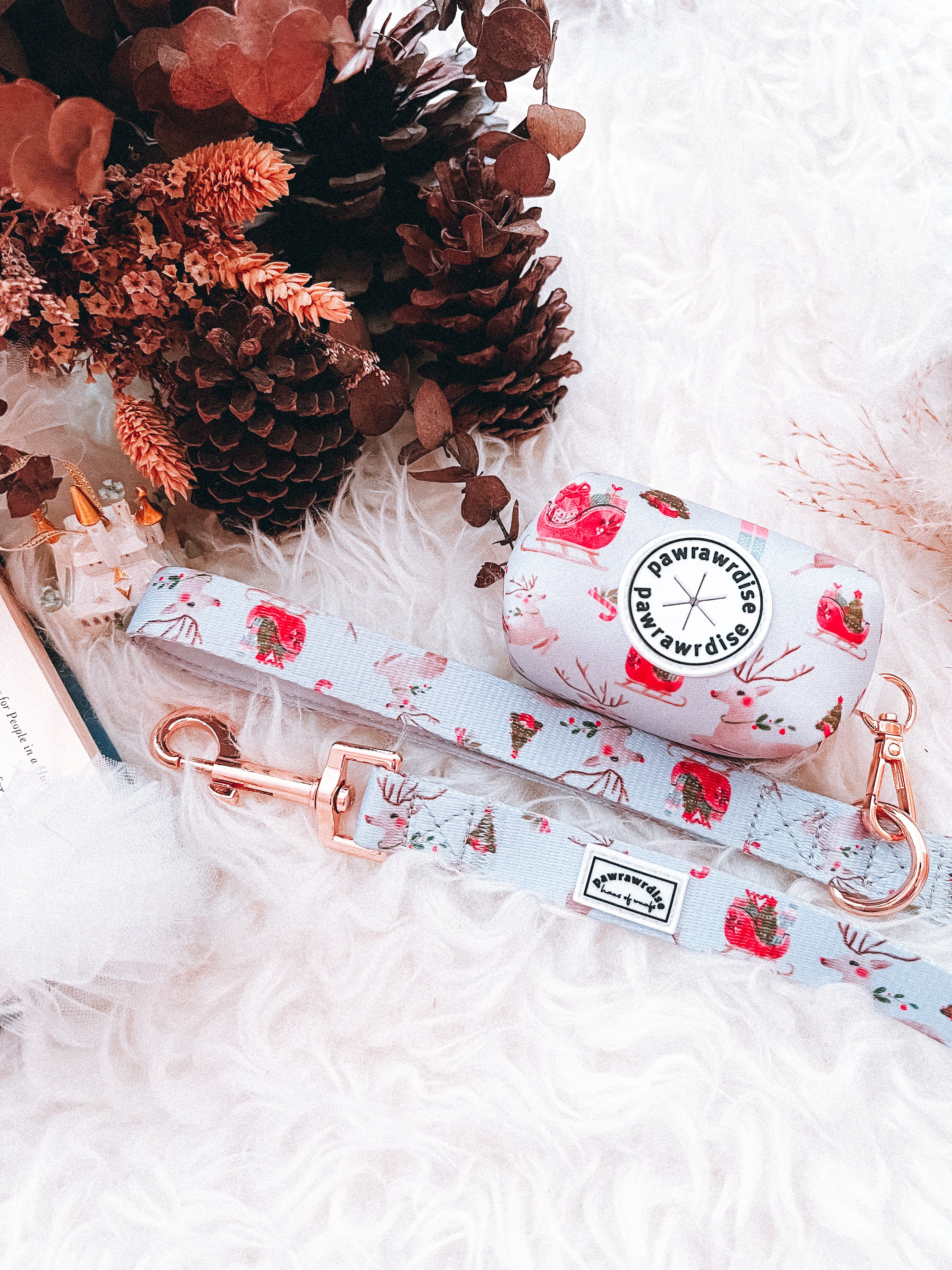 Dreamy Winter pet waste bag holder accessory with leash