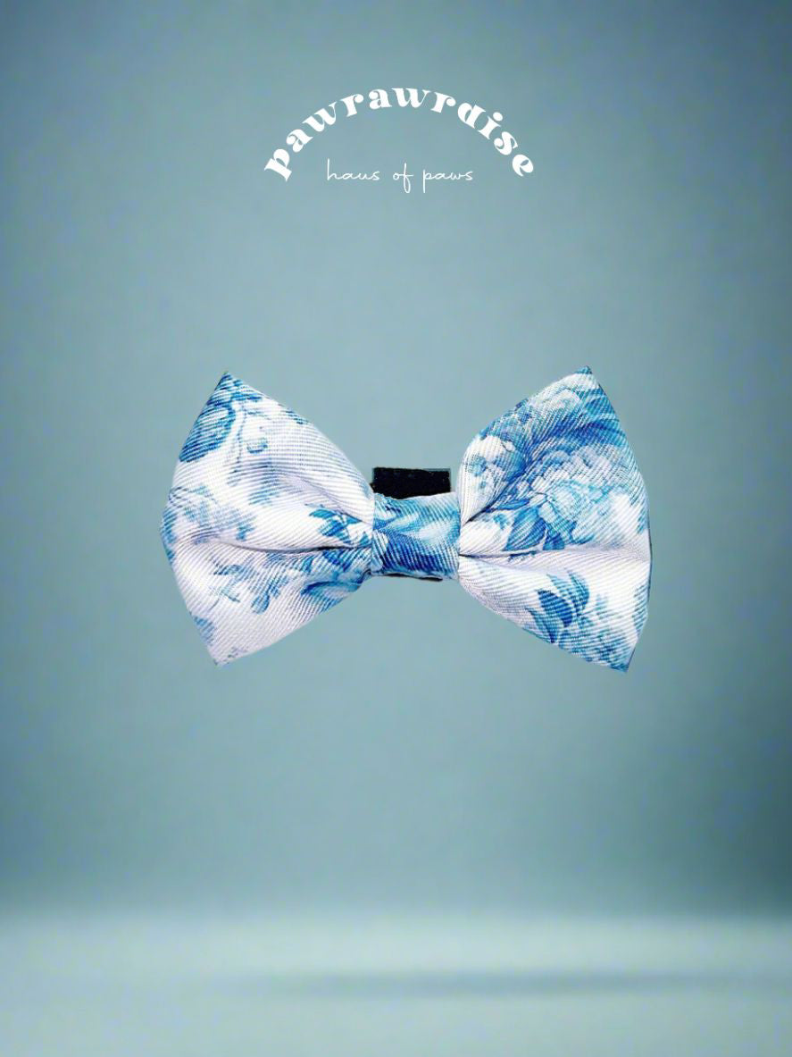 Enchanted Bow: decorative pet bow in blue-and-white floral print