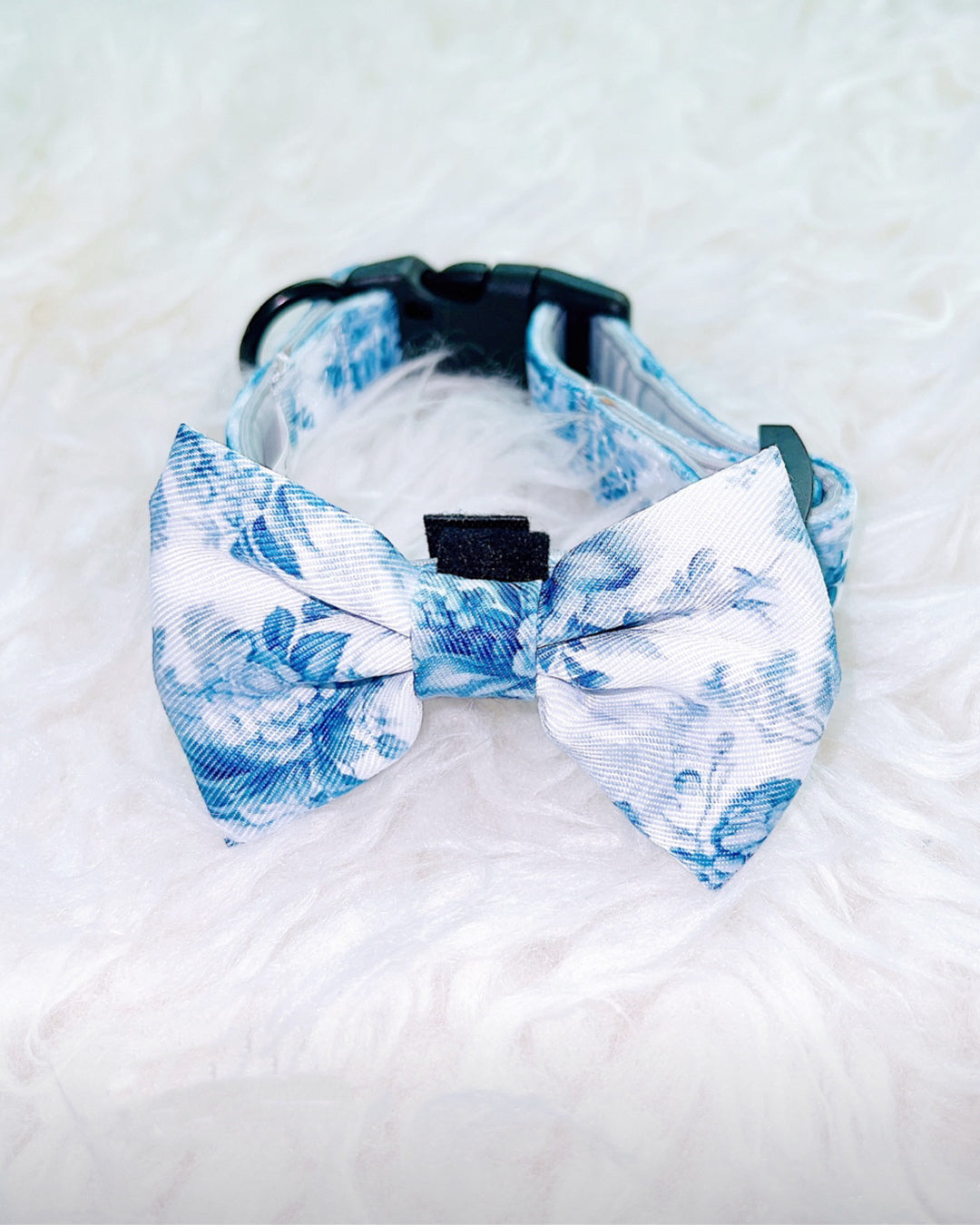 Enchanted Bow: decorative pet bow in blue-and-white floral print