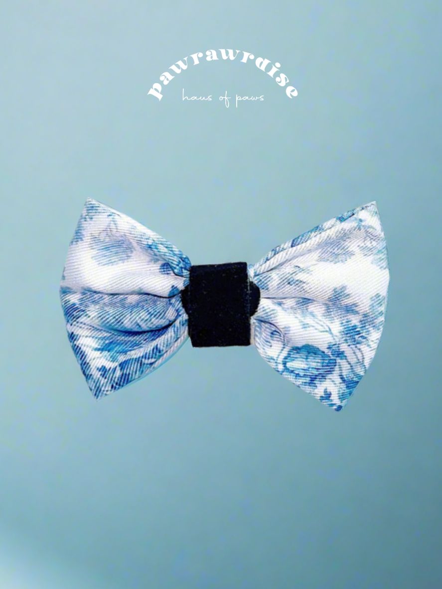 Enchanted Bow: decorative pet bow in blue-and-white floral print