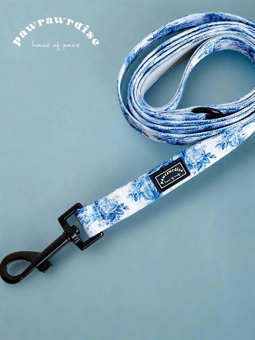 Enchanted Leash: coordinating pet leash with blue-and-white floral print