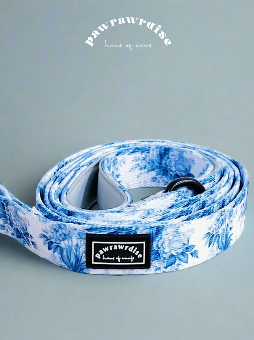 Enchanted Leash: coordinating pet leash with blue-and-white floral print