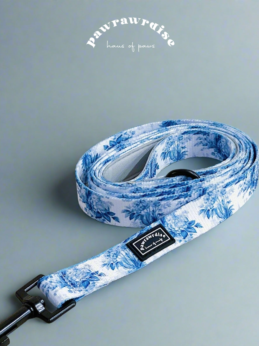 Enchanted Leash: coordinating pet leash with blue-and-white floral print