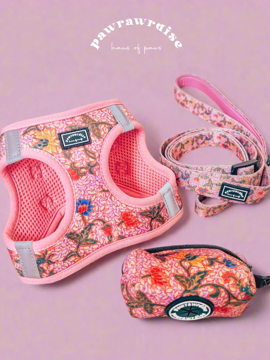 Leigh nonya coordinated pet accessories in a Nonya-inspired floral print