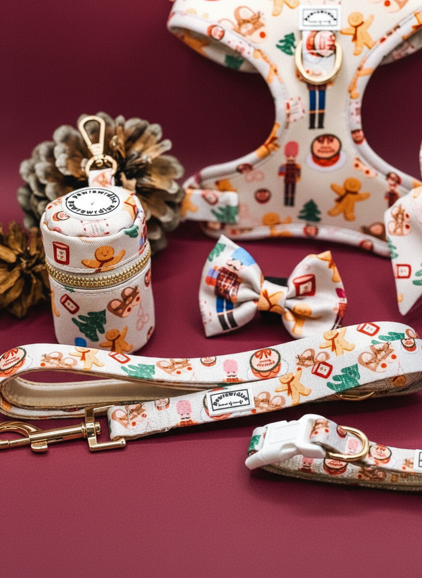 Noel coordinated pet accessories with a festive design