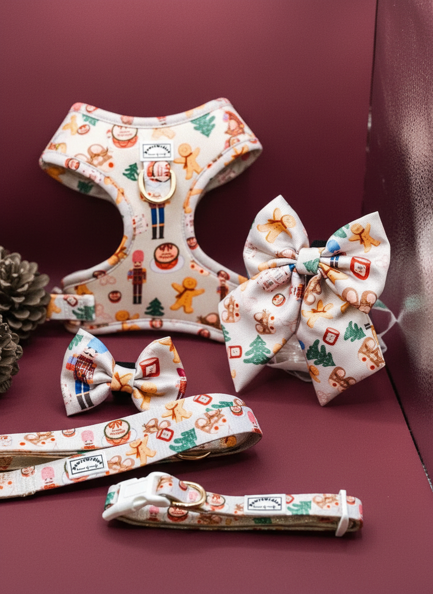 Noel coordinated pet accessories with a festive design