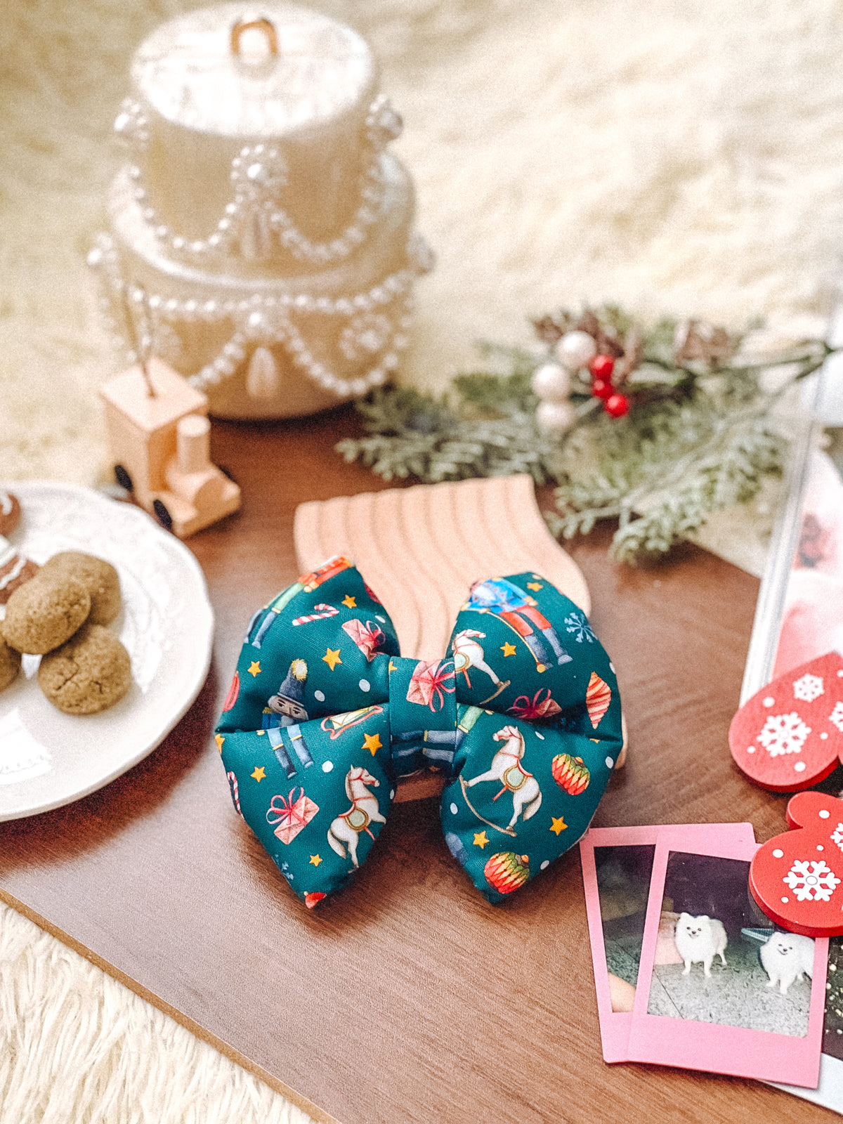 Nutcracker Pillow Bow – handmade pillow bow for pets in a signature print