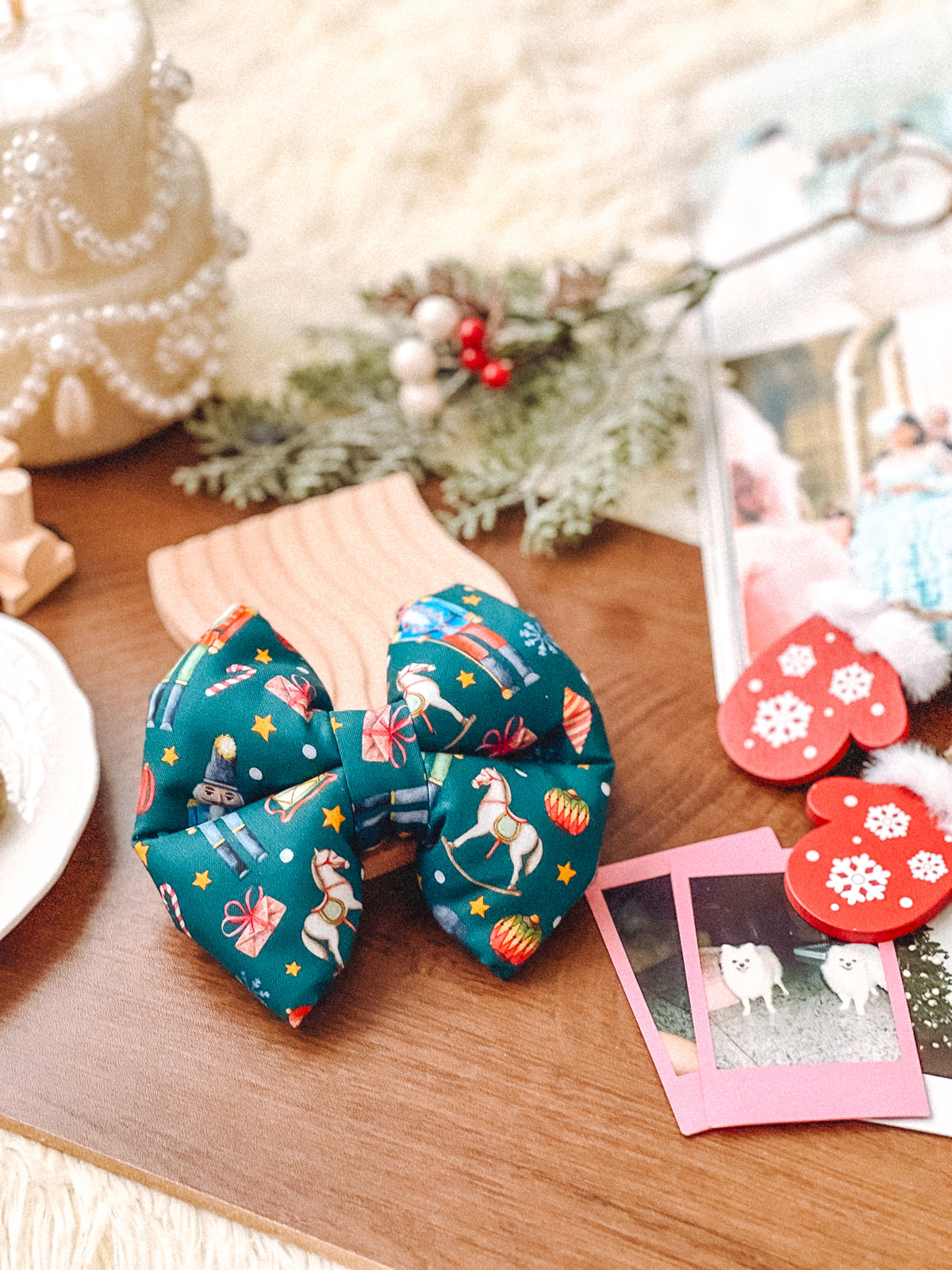 Nutcracker Pillow Bow – handmade pillow bow for pets in a signature print