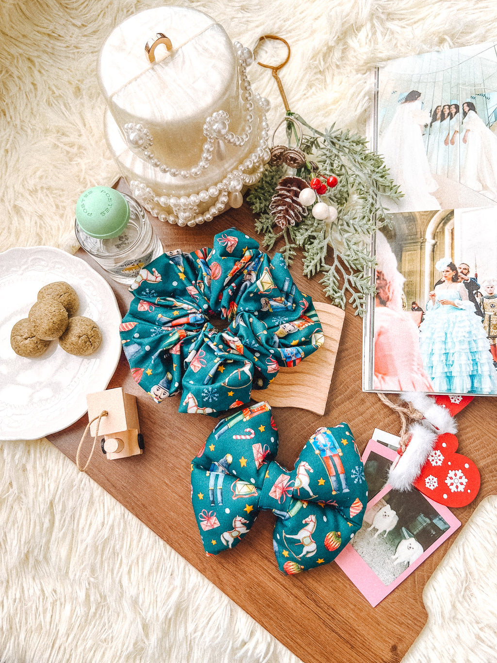 Nutcracker Pillow Bow – handmade pillow bow for pets in a signature print