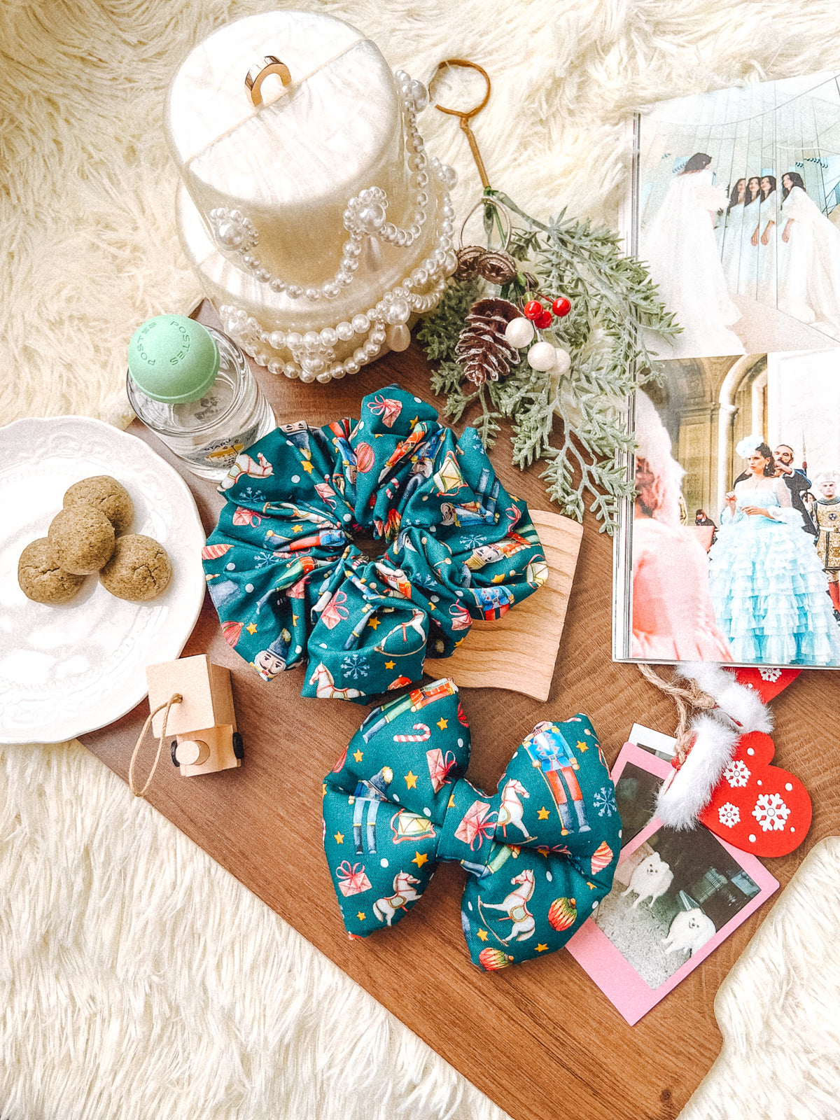 Nutcracker Pillow Bow – handmade pillow bow for pets in a signature print