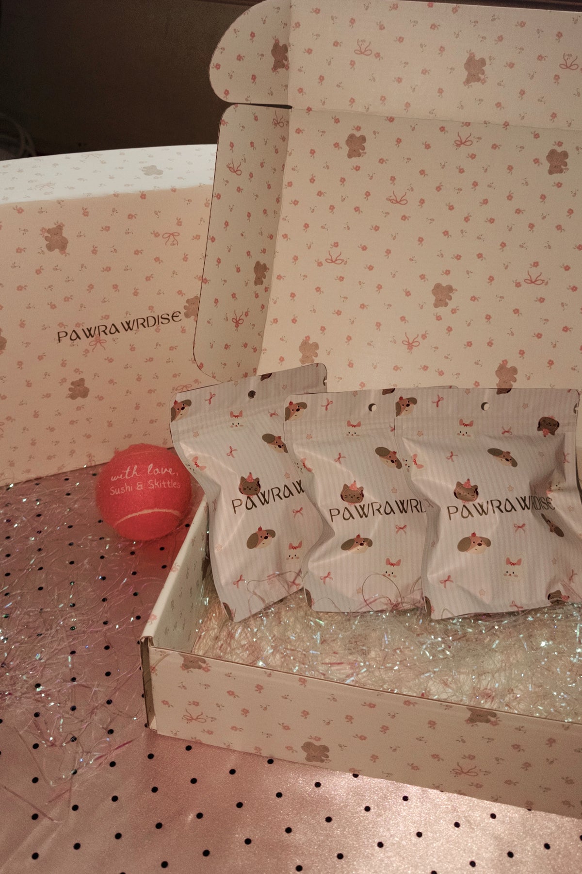 Pawrawrdise Secret Bow Club box of three mystery pet pillow bows