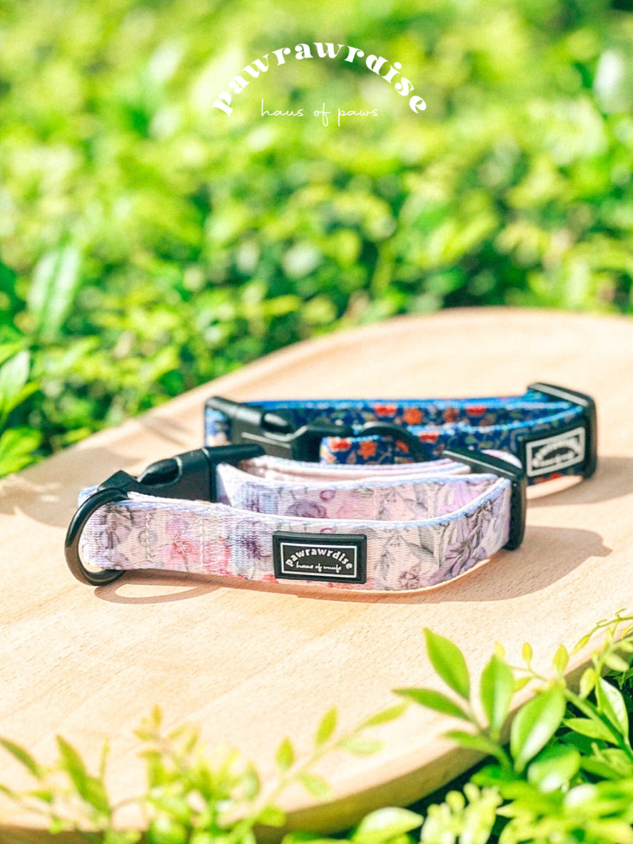 Whimsical Floral Dog Collar: adjustable dog collar with buckle, leash ring and lavender-and-blush floral print