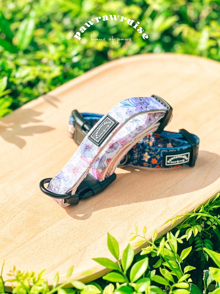 Whimsical Floral Dog Collar: adjustable dog collar with buckle, leash ring and lavender-and-blush floral print