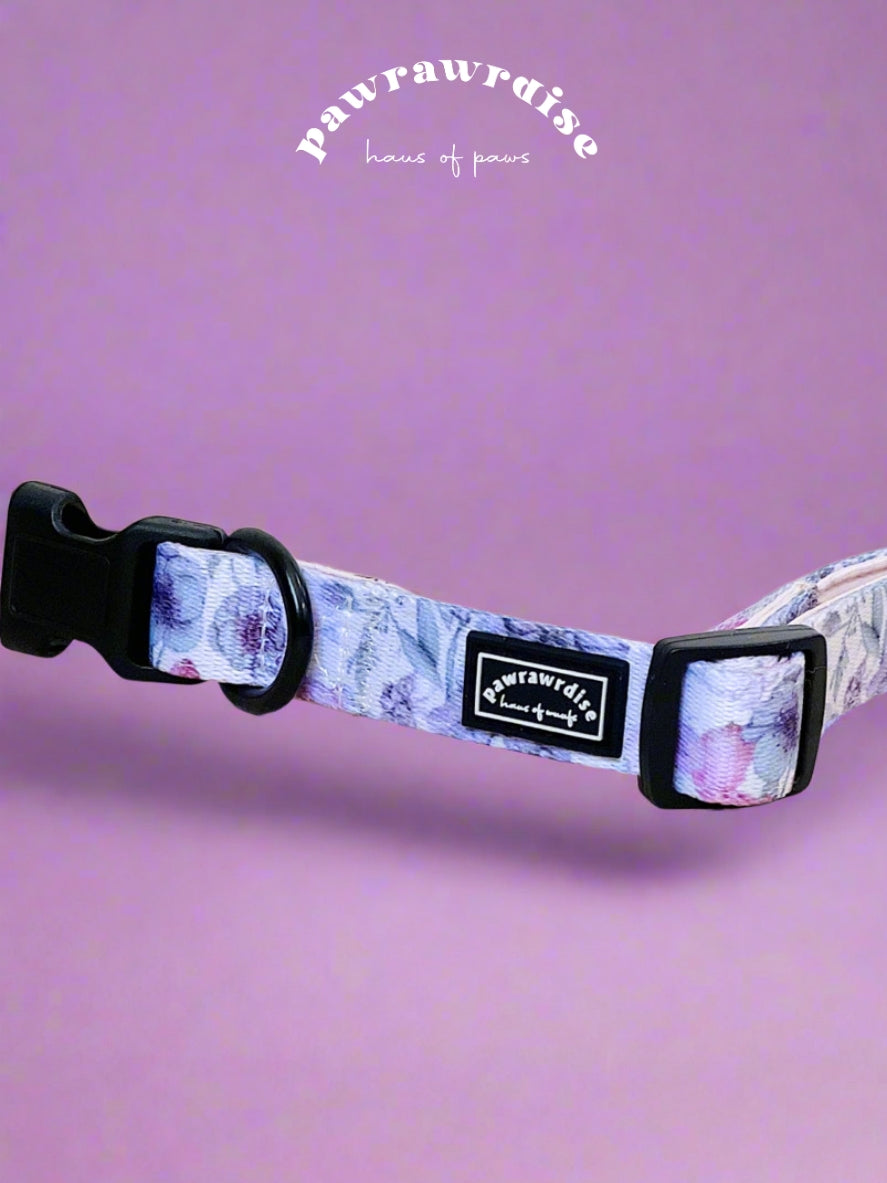 Whimsical Floral Dog Collar: adjustable dog collar with buckle, leash ring and lavender-and-blush floral print